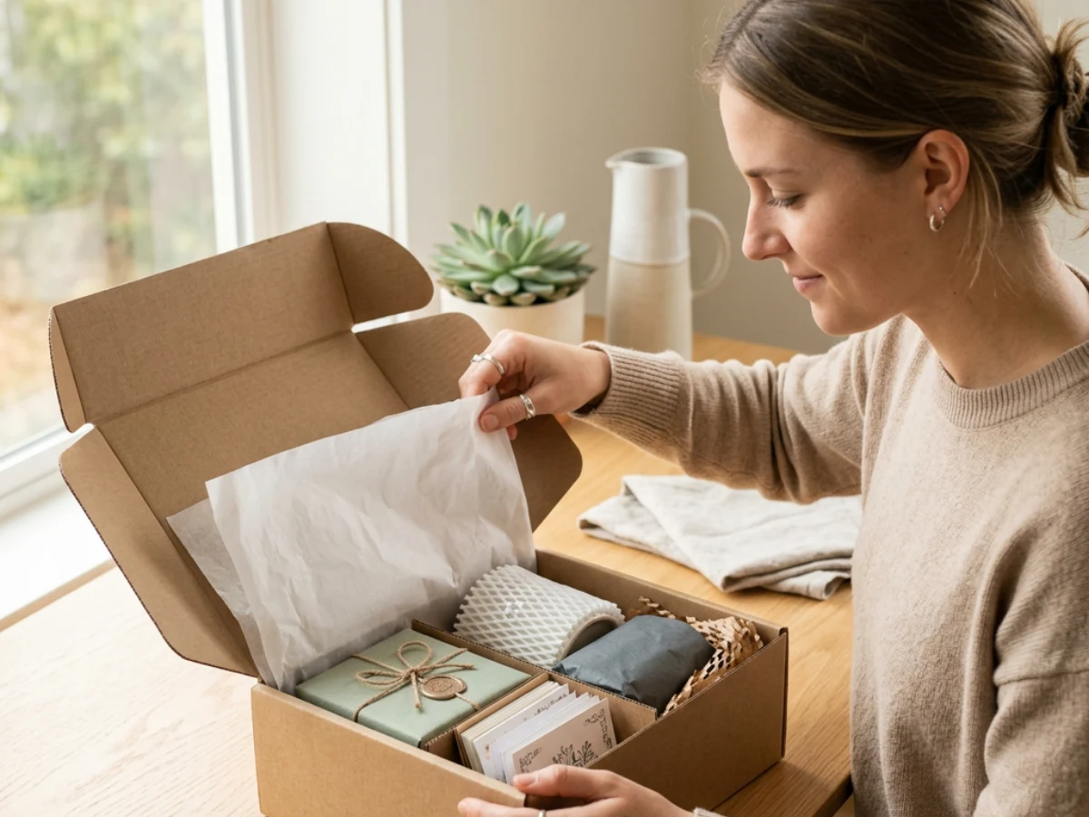 chica haciendo unboxing con una caja y diferentes productos