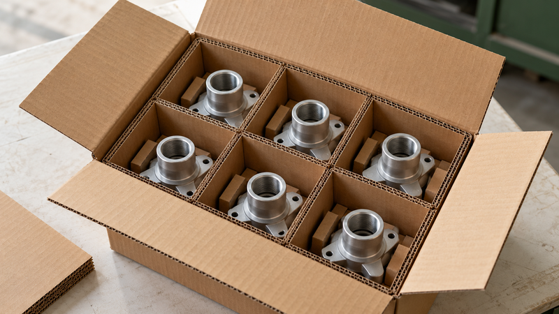 Caja de cartón ondulado con separadores interiores para proteger seis piezas metálicas