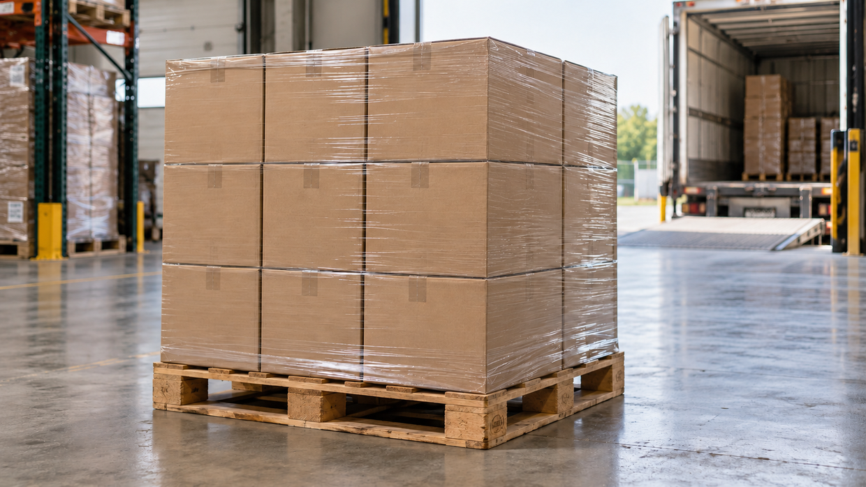Cajas de cartón apiladas y paletizadas sobre un palet de madera en un almacén